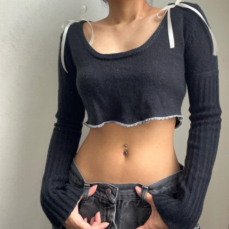 Crop top de manga larga con cuello cuadrado para mujer