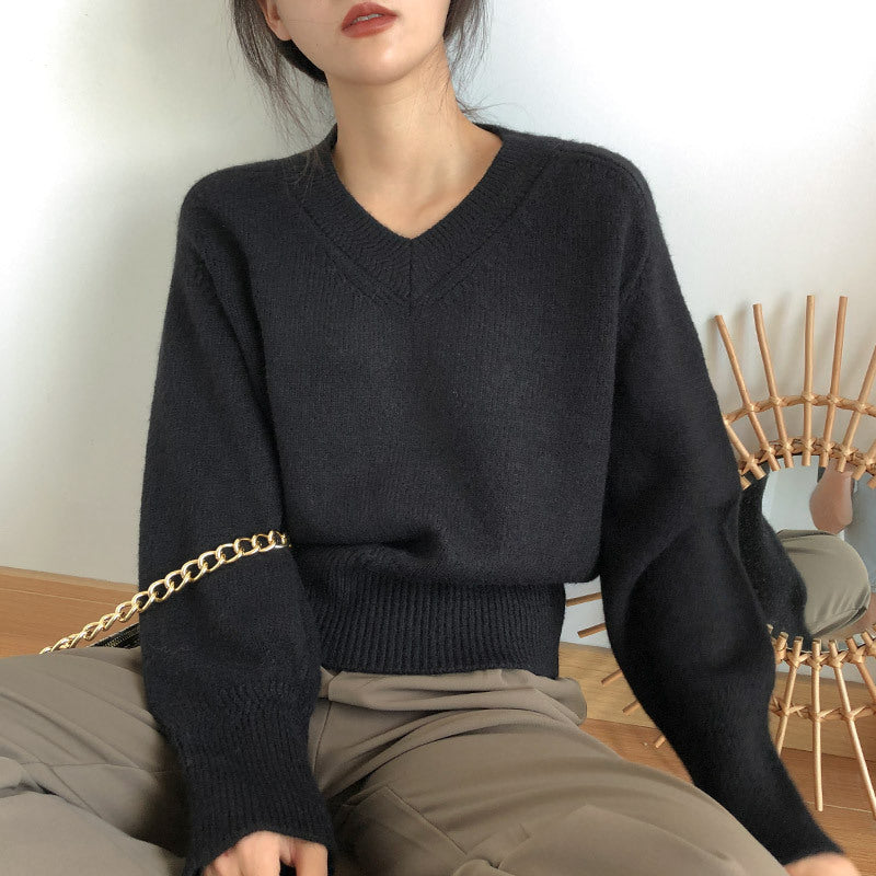 Winter Thermal Bottoming Shirt Solid Color Soft Glutinous V-neck Sweater For Women