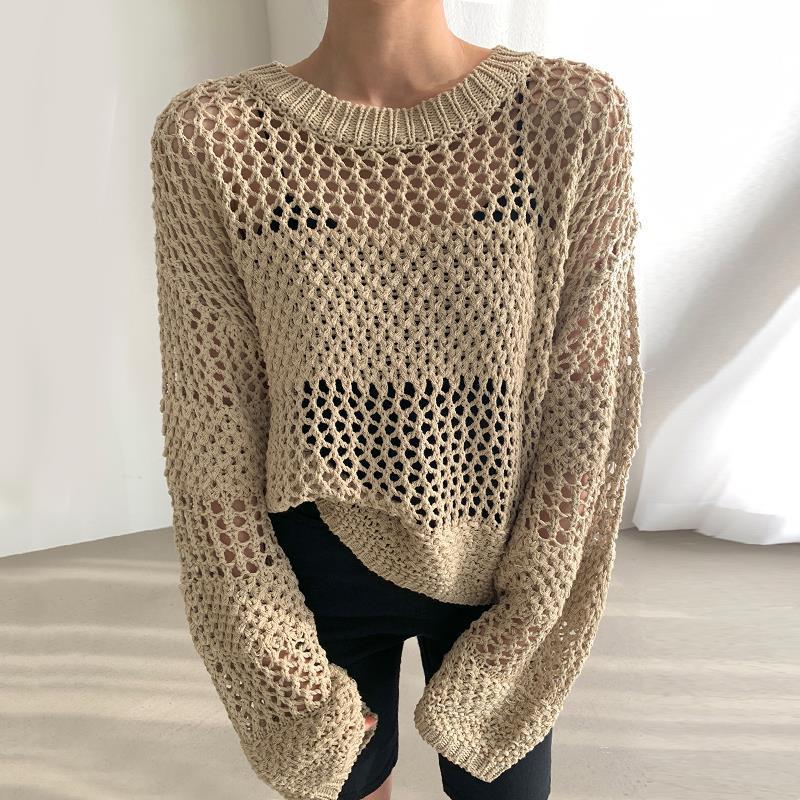 Elegant Retro Round Neck Exquisite Hollow-out Transparent Design Loose Sweater