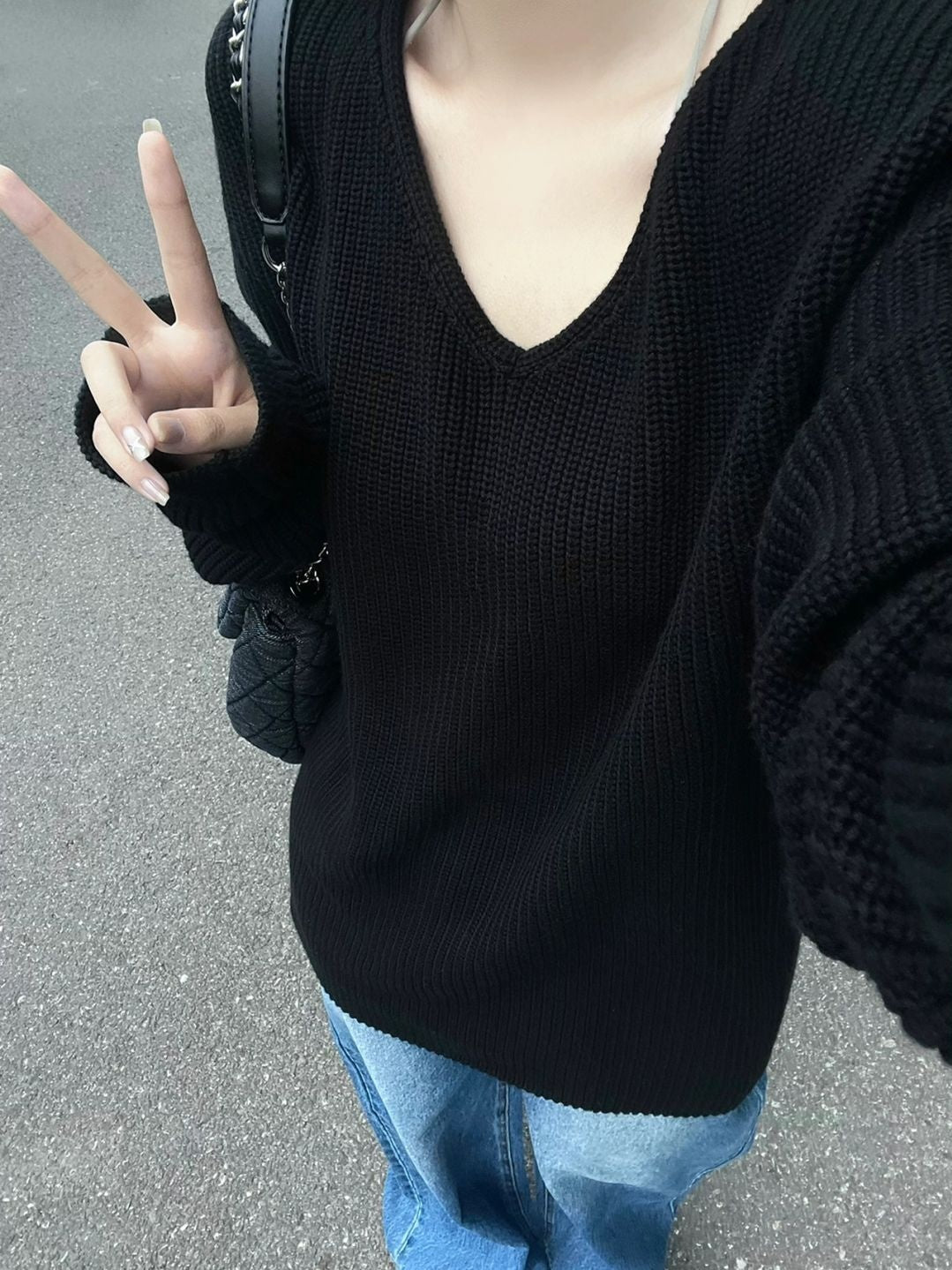 Loose V-neck Black Sweater Women's Sweater Outerwear Top