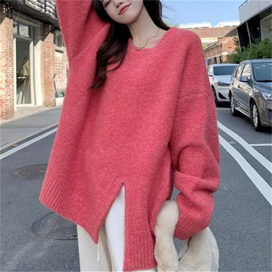 Idle Style Crew Neck Split Knitwear Loose Sweater