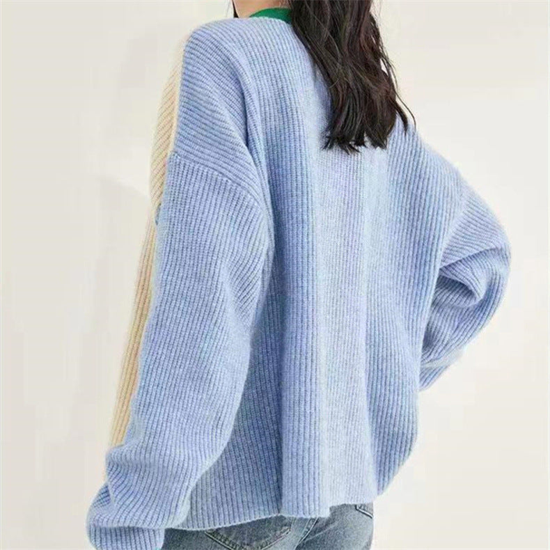 Spring And Autumn V-neck Loose Knitted Cardigan Women's Coat Sweater