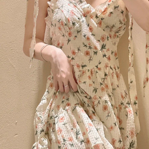 Vestido de tirantes con flores para mujer estilo francés suave y sexy