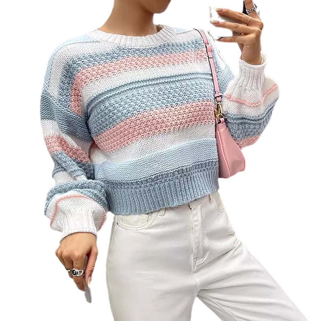 Spring And Autumn New Contrast Color Women's Striped Elegant Fashion Women's Knitted Pullover