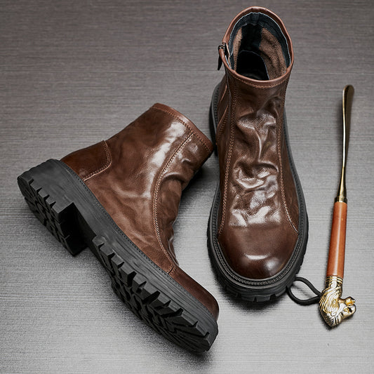 Botas con plataforma alta de cuero genuino de otoño e invierno para hombres