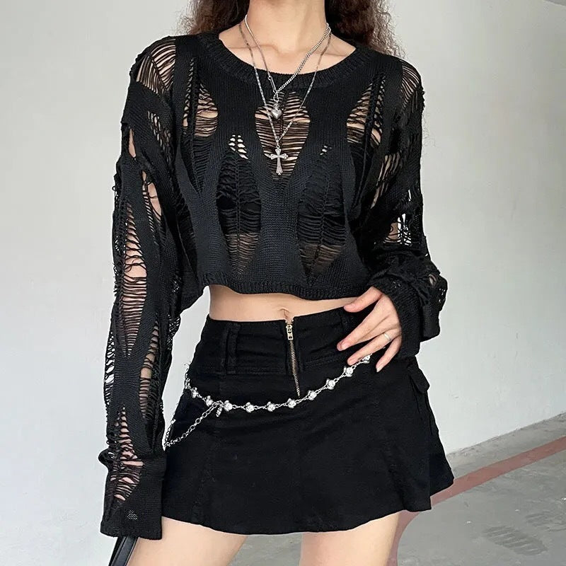 Women's Hot Girl See-through Ripped Pullover Sweater