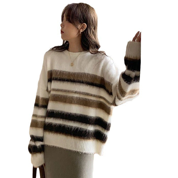 Idle Style Loose Soft Glutinous Striped Sweater For Women