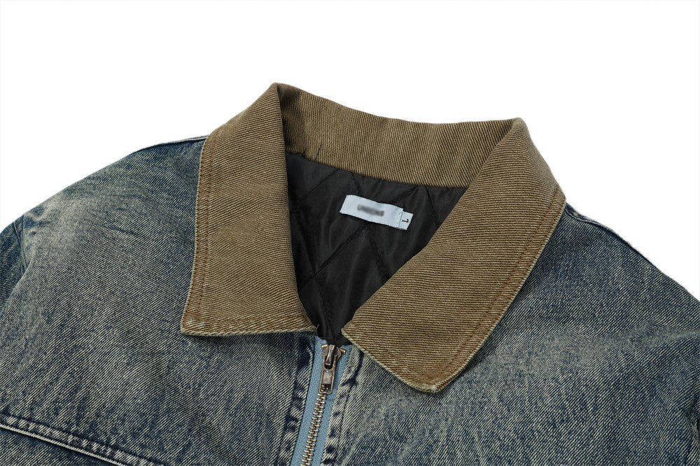 Color Stitching Turnover Neck Denim Puffer Jacket