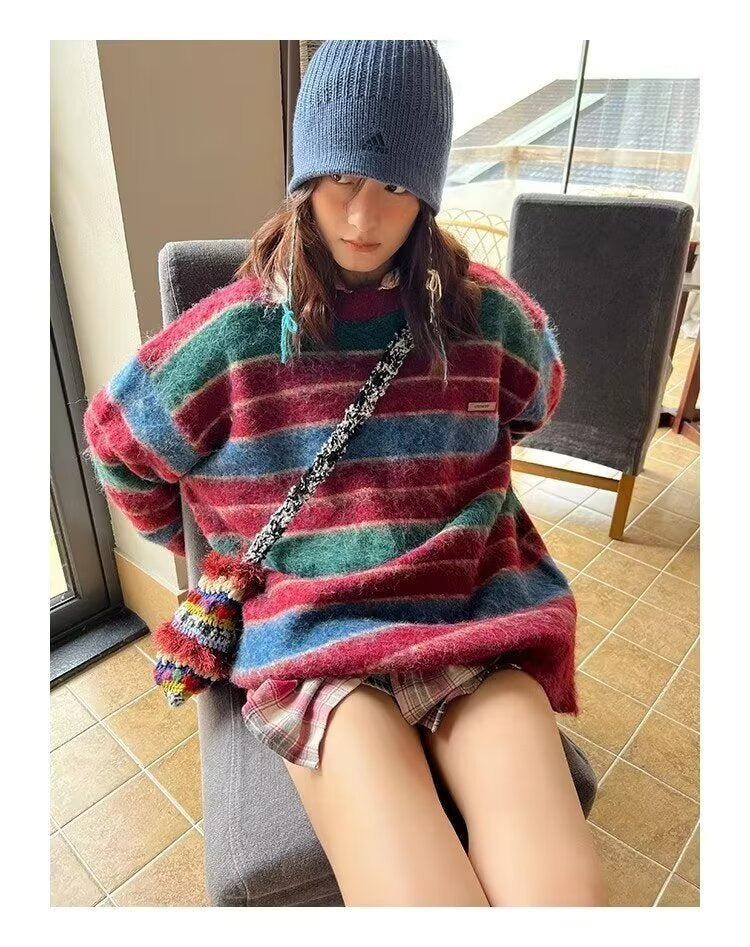 Retro Contrast Color Striped Lazy And Loose Sweater