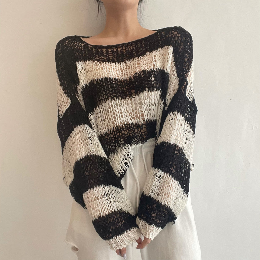 Off-shoulder Drop-shoulder Sleeve Mixed Color Stripe Hollow Sun Protection Thin Sweater