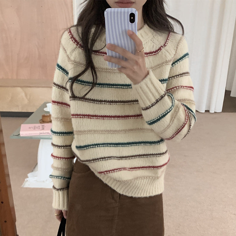 Colorful Striped Soft Glutinous Knitted Round Neck Pullover All-matching Long Sleeve Sweater