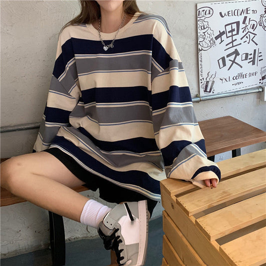 New Korean Style Loose-fitting Striped Long Sleeves T-shirt For Women