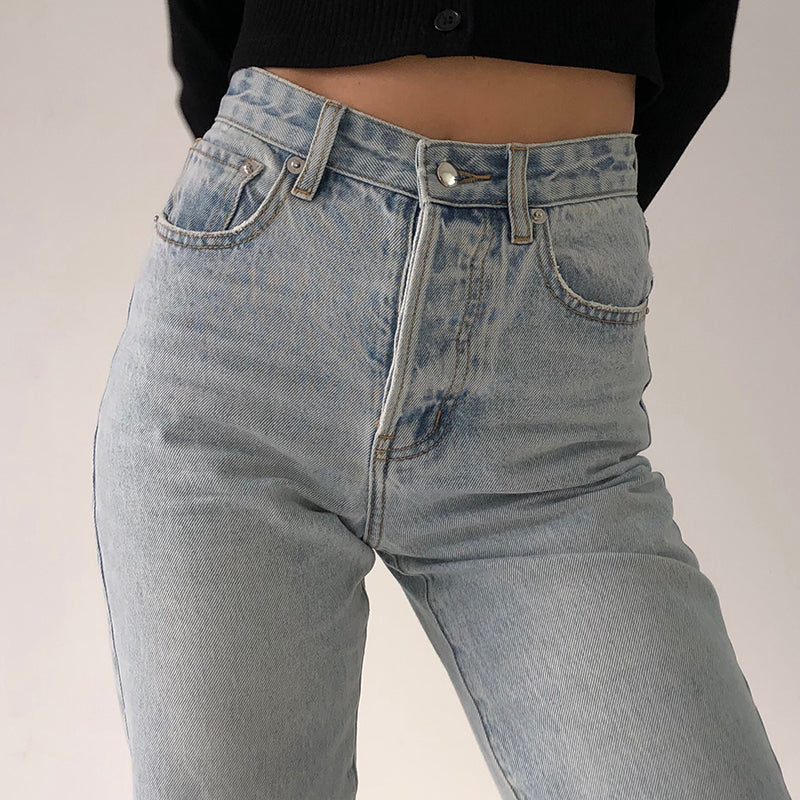 Jeans denim retro de tiro alto y pernera recta para mujer