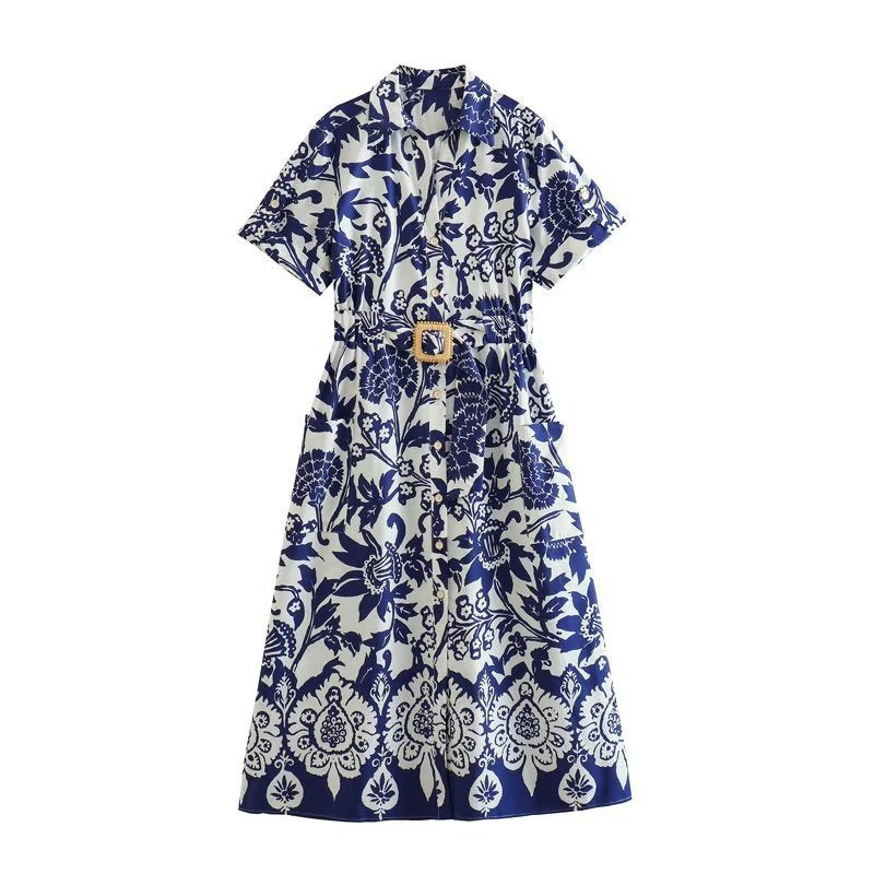 Women's Clothing Belt Short Sleeve Long Pattern Dress