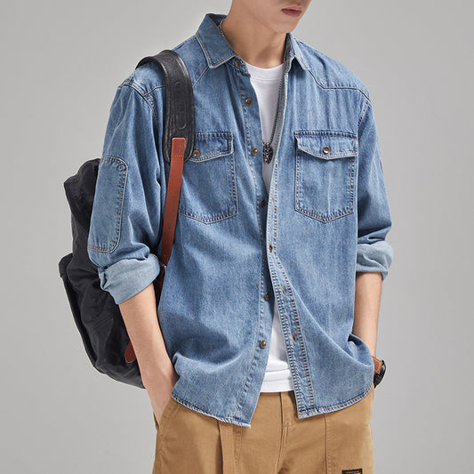 Japanese Style Loose Plus Size Casual Men's Denim Coat Long Sleeve Shirt