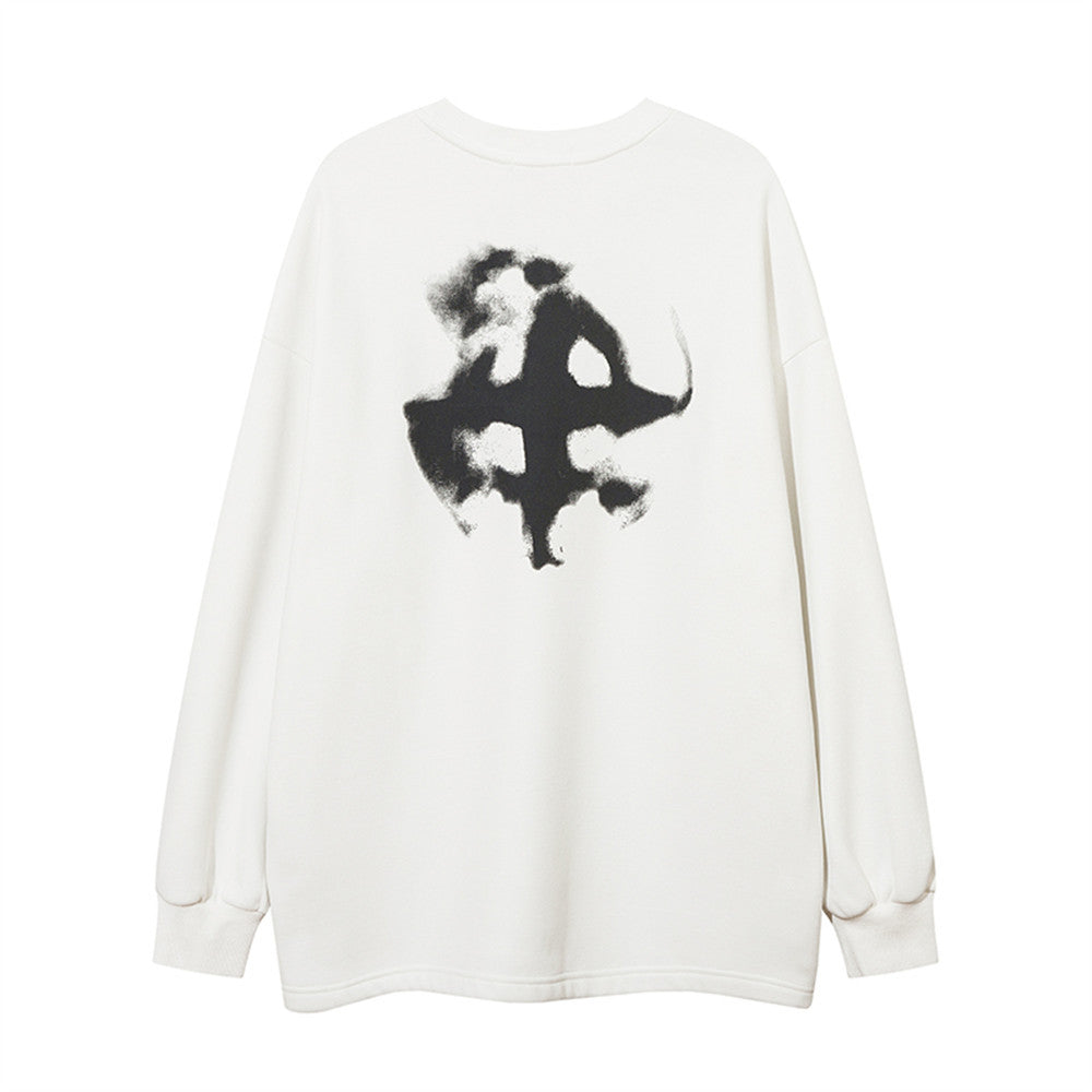 Cross Graffiti Printing Round Neck Fleece-lined Sweater