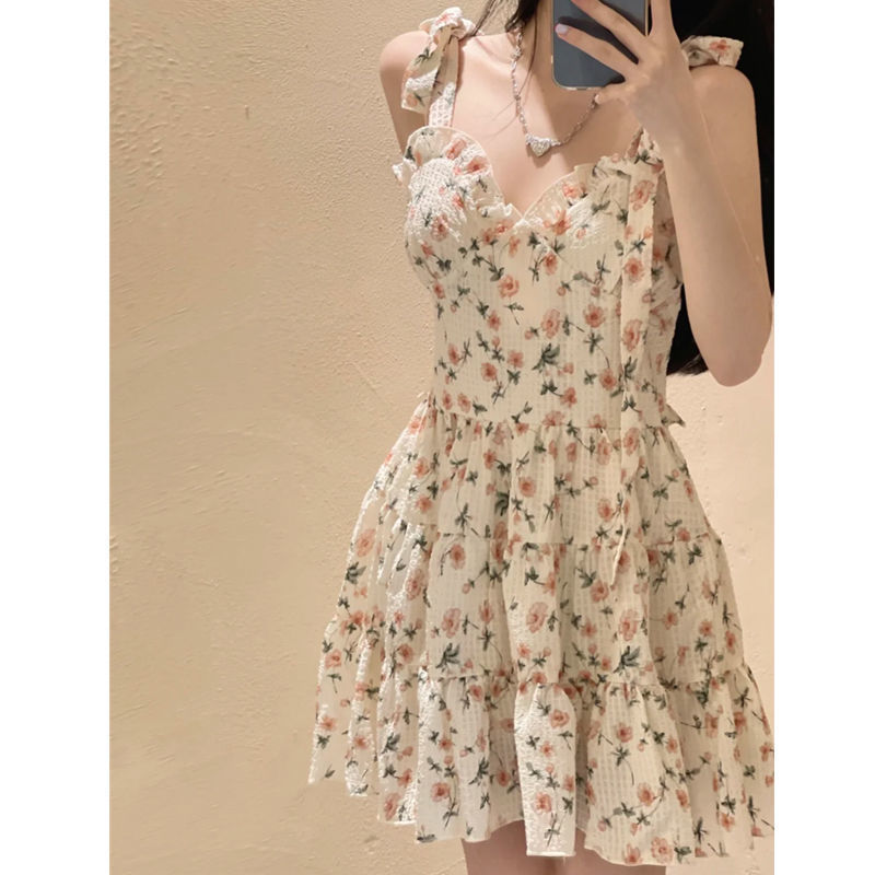 Vestido de tirantes con flores para mujer estilo francés suave y sexy