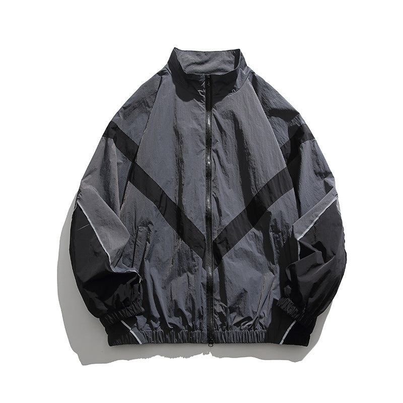 Men's Embedded Reflective Patchwork Stand-up Collar Zipper Jacket