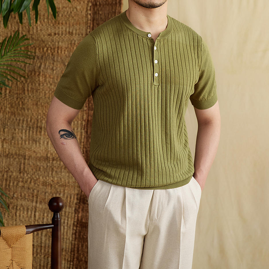 Summer Tencel Cotton Sunken Stripe Short-sleeved T-shirt For Men