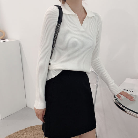 V-neck Long-sleeved Sweater Women's Lapel Polo Collar Sweater