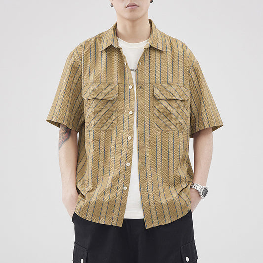 Summer Seersucker Striped Texture Short-sleeved Shirt For Men