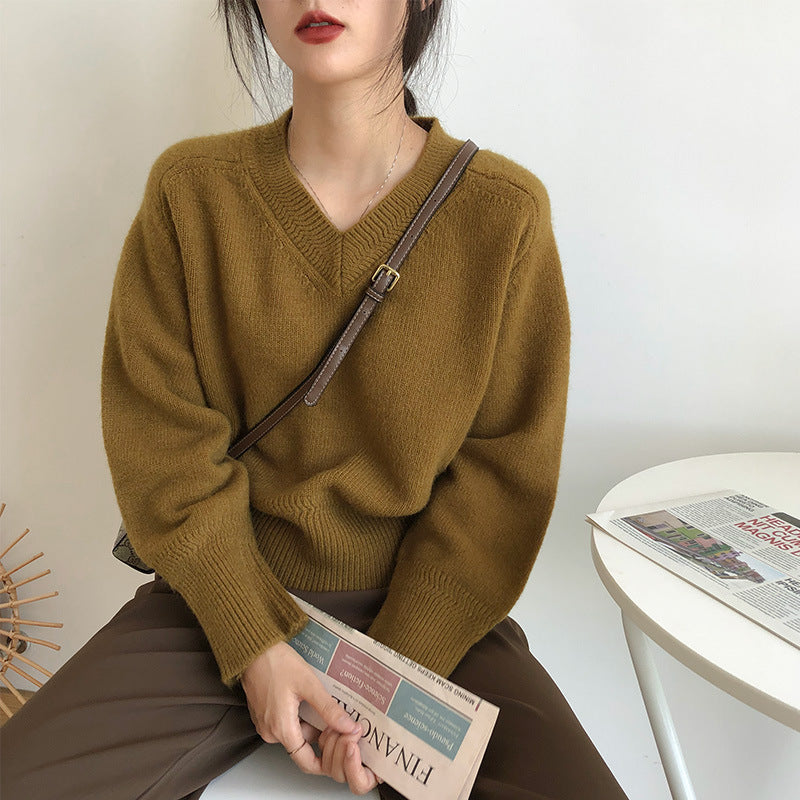 Winter Thermal Bottoming Shirt Solid Color Soft Glutinous V-neck Sweater For Women