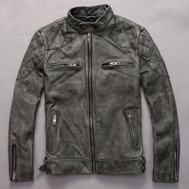 Men's distressed stand collar leather jacket