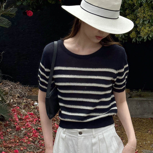 Navy Blue Striped Top Women's Summer Round Neck Sweater