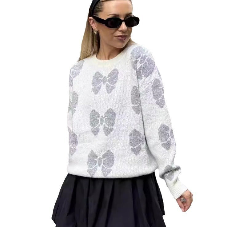 Printed Butterfly Round Neck Loose Knitwear Pullover Sweater