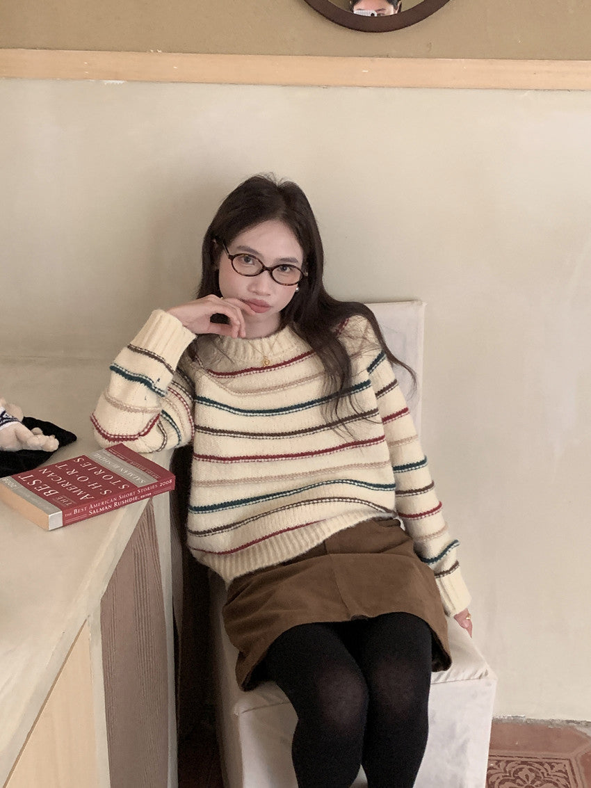 Colorful Striped Soft Glutinous Knitted Round Neck Pullover All-matching Long Sleeve Sweater