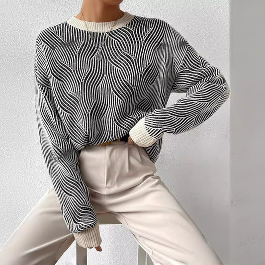 Round Neck Striped Contrast Color Casual Fashion All-matching Knitted Sweater