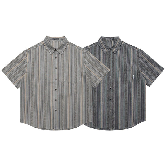 Japanese-style Retro Amekaji Ethnic Style Striped Jacquard Short Sleeve