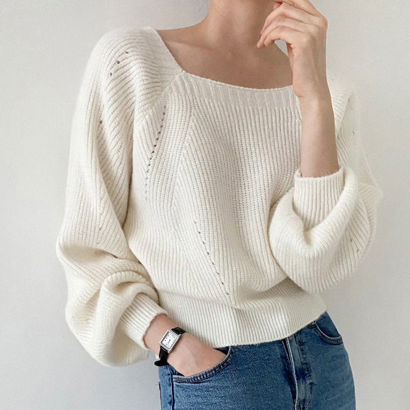 Retro Square Collar Off-shoulder Pullover Loose Casual Long Sleeves Knitwear