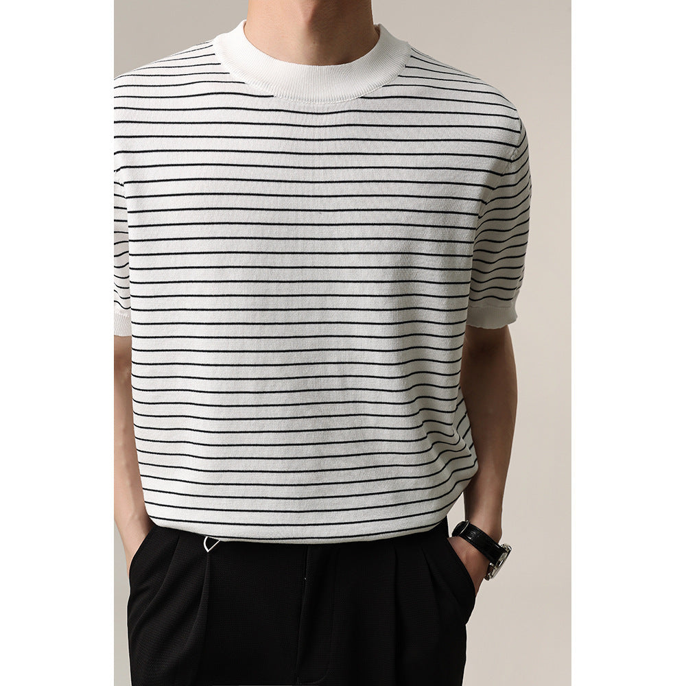 Advanced Trendy Heavy Loose Men's T-shirt Round Neck Striped