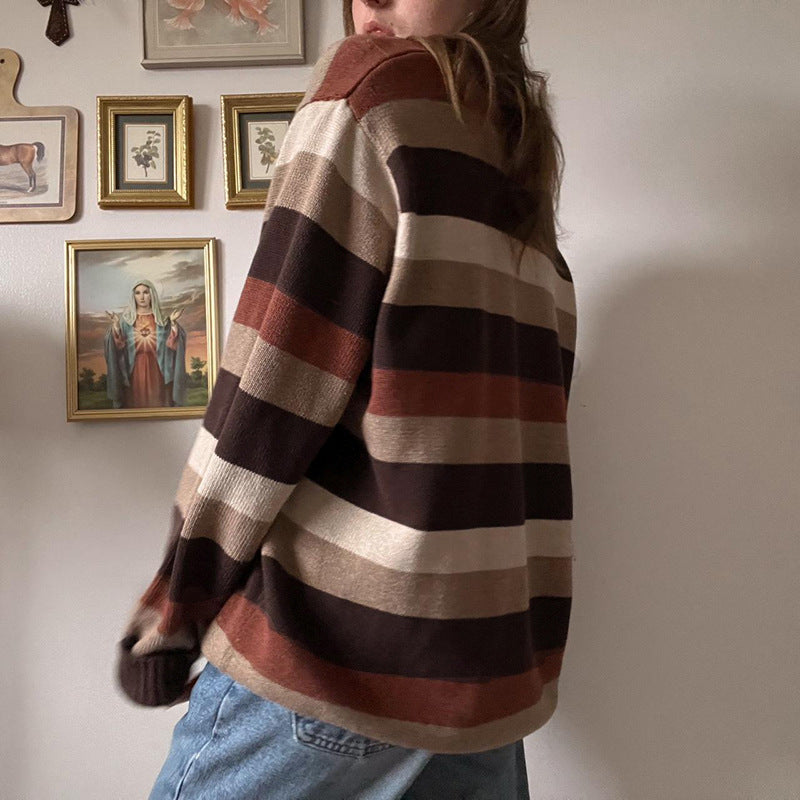 Niche Lazy Colorful Striped V-neck Patchwork Loose Pullover Woolen Top