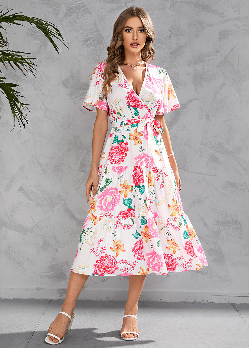 Printed V-neck Waist-tight Mid-length Dress