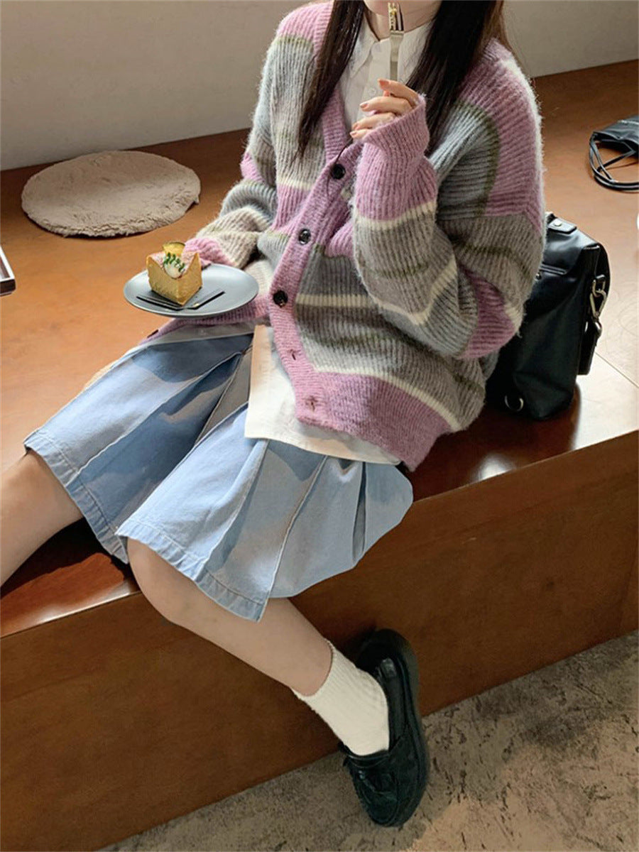 V-neck Japanese Lazy Style Retro Striped Sweater Coat Women