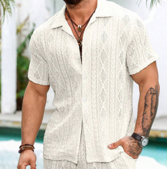 Camisa casual transparente con encaje de color sólido para hombre