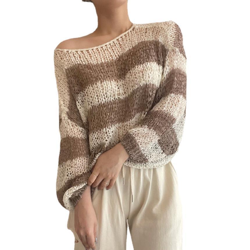 Off-shoulder Drop-shoulder Sleeve Mixed Color Stripe Hollow Sun Protection Thin Sweater