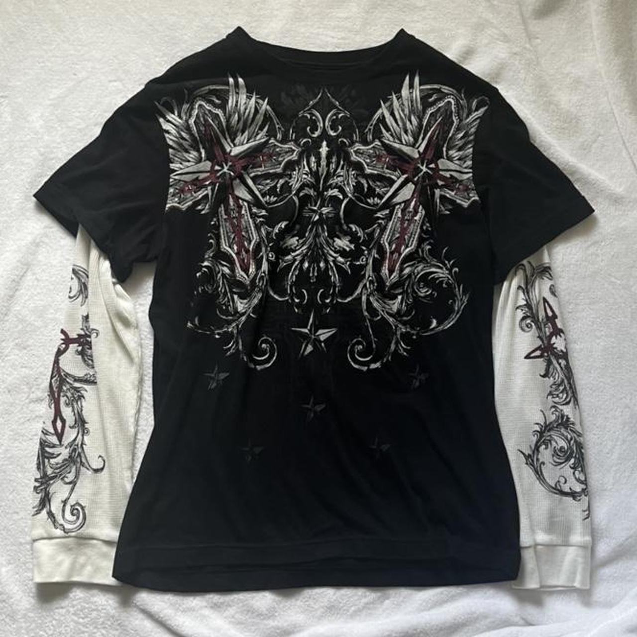 Polera estampada vintage de manga larga con cuello redondo y dos falsos europeos y americanos