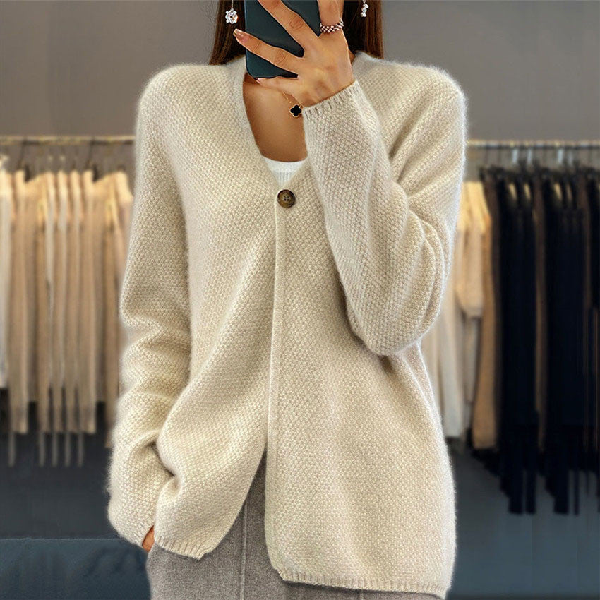 Women's V-neck Solid Color Long-sleeved Knitted Cardigan