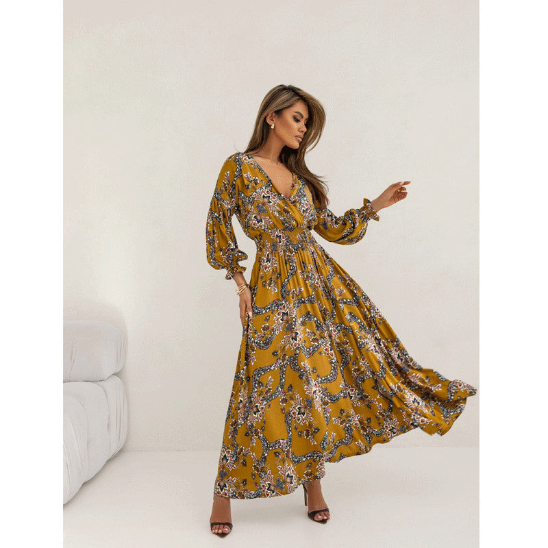 Women's Fashion Long Sleeve V-neck Split Print Dress