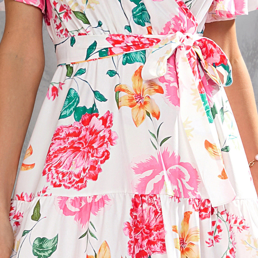 Printed V-neck Waist-tight Mid-length Dress