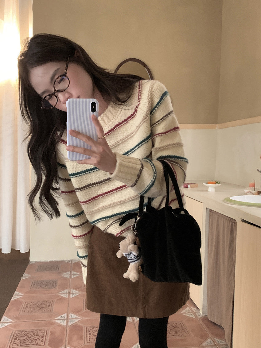 Colorful Striped Soft Glutinous Knitted Round Neck Pullover All-matching Long Sleeve Sweater