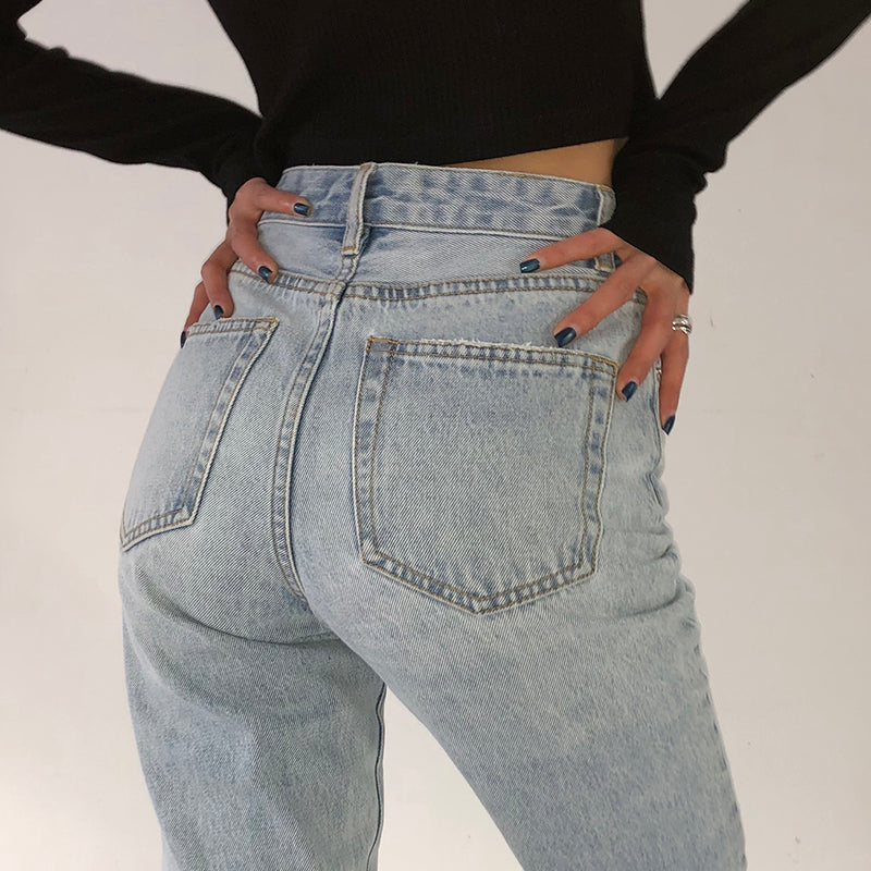 Jeans denim retro de tiro alto y pernera recta para mujer