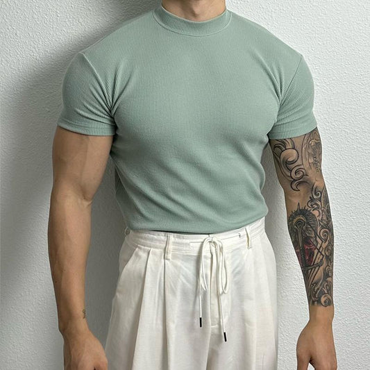 Men's American-style Pure Color Half Collar Thread Stretch T-shirt Top