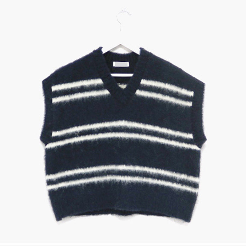 Contrast Color Striped V-neck Wool Vest Loose Pullover Knitting Vest