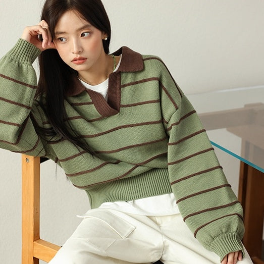 Polo Collar Loose Three-dimensional Striped Sweater