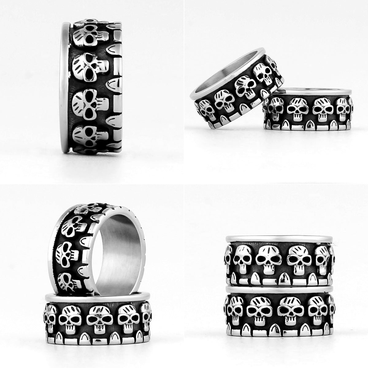 Anillo de acero de titanio con cabeza de calavera punk para hombre