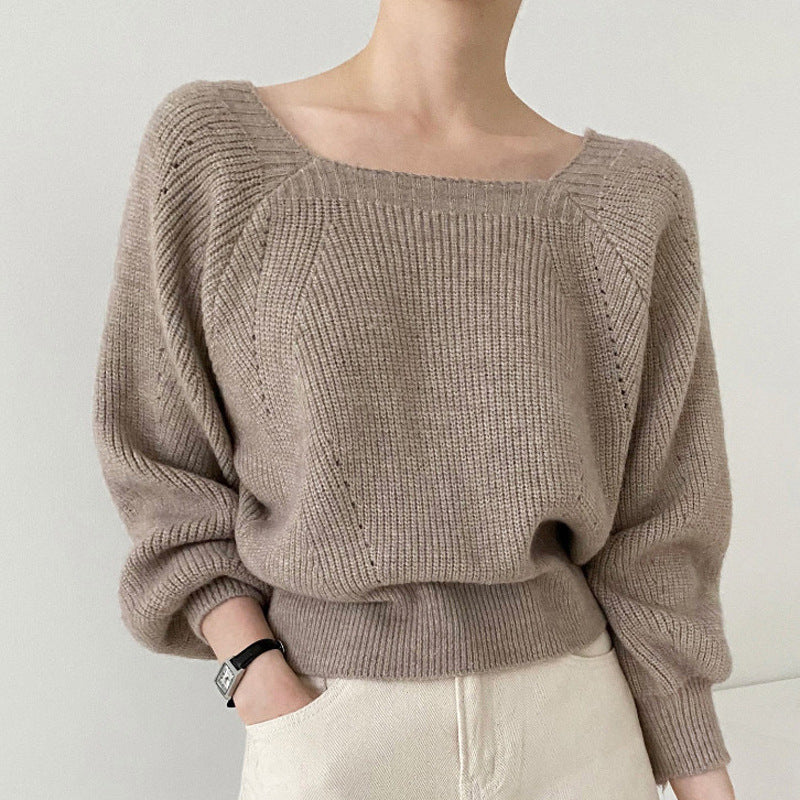 Retro Square Collar Off-shoulder Pullover Loose Casual Long Sleeves Knitwear